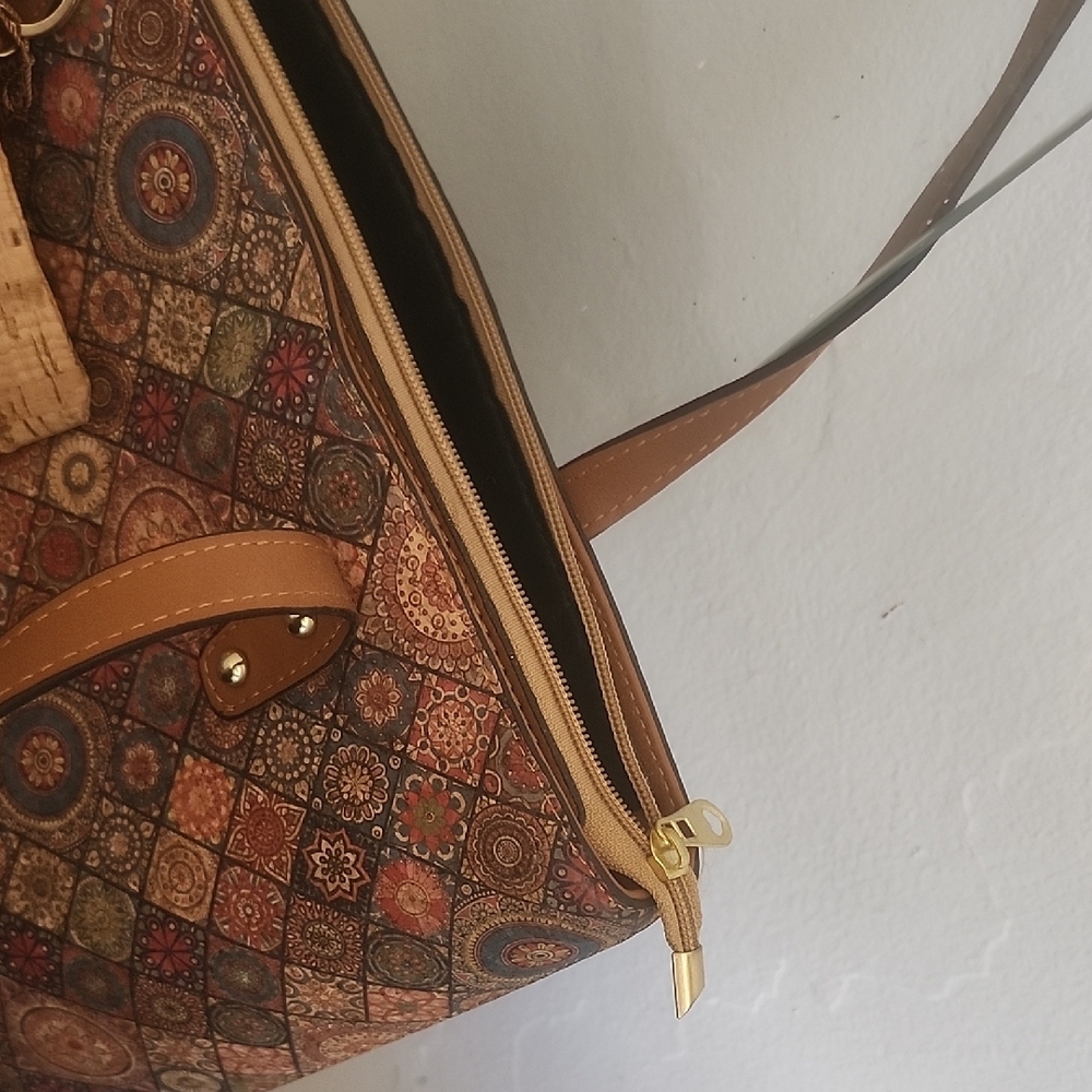 Patterned Brown Tote with Cork Accent and Wristlet - Picture 2 of 9